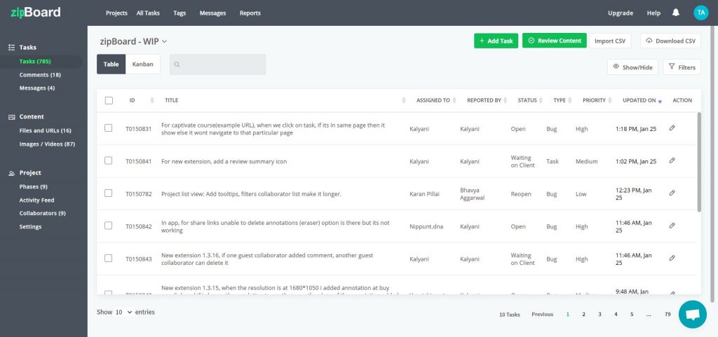 Centralized tasks and reviews in zipBoard