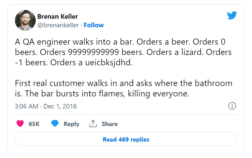 tweet about QA review from Brenan Keller