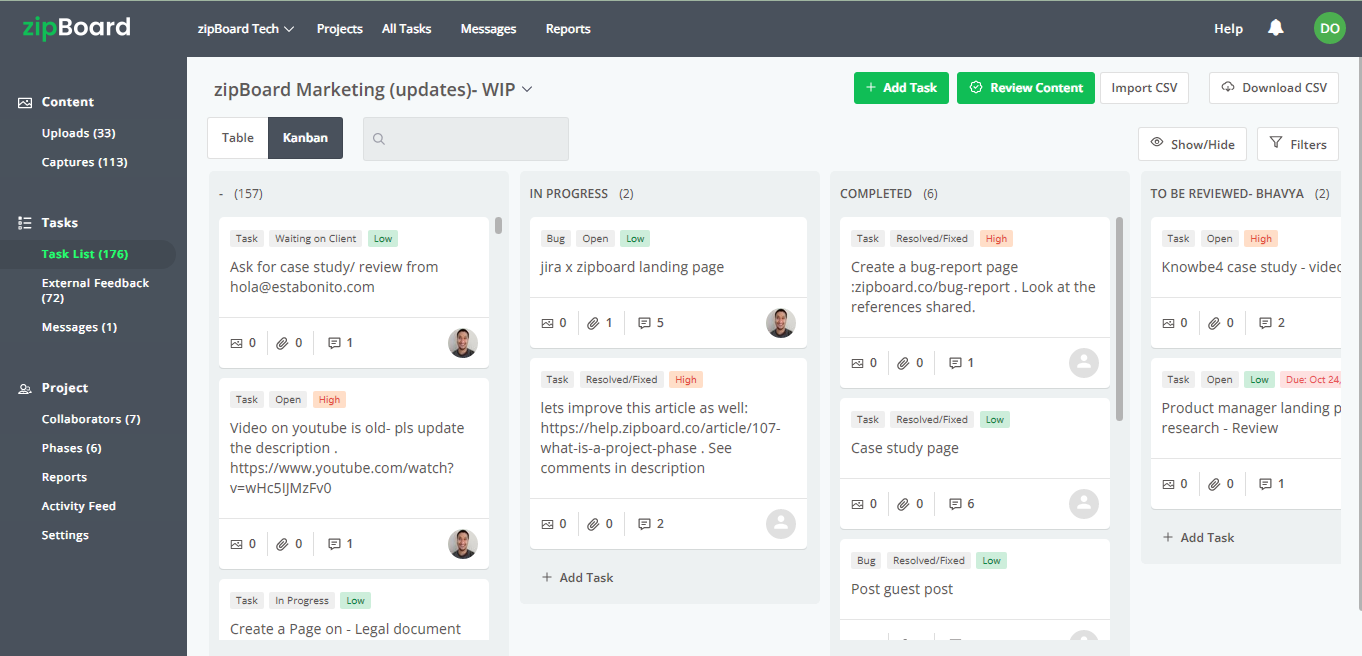 zipBoard's Kanban board for project management for web development agencies