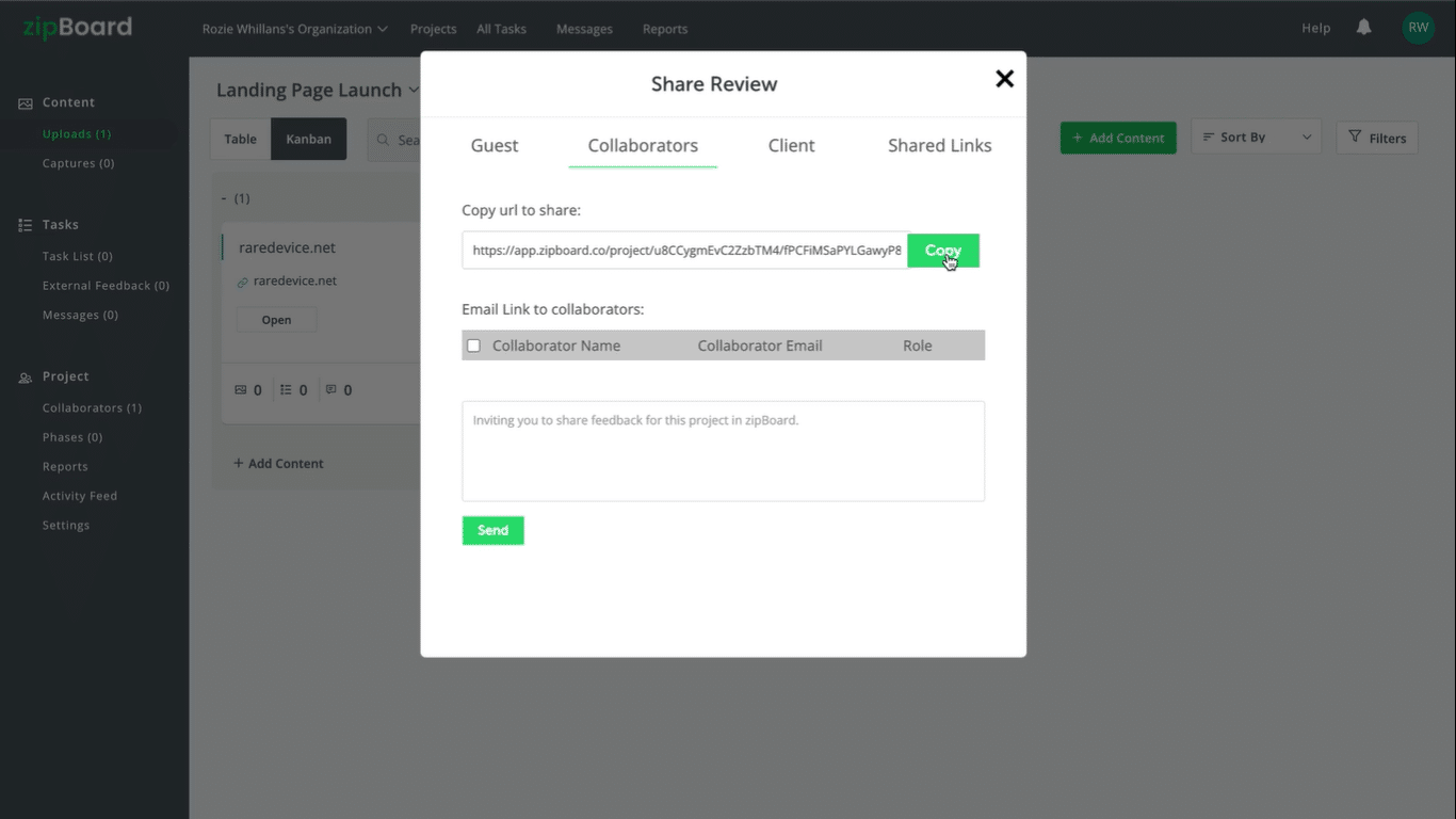 Share review dialog box during the feedback and approvals process for landing pages in zipBoard