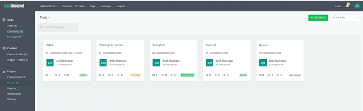 Project phases in zipBoard to allow for an easy and streamlined project management