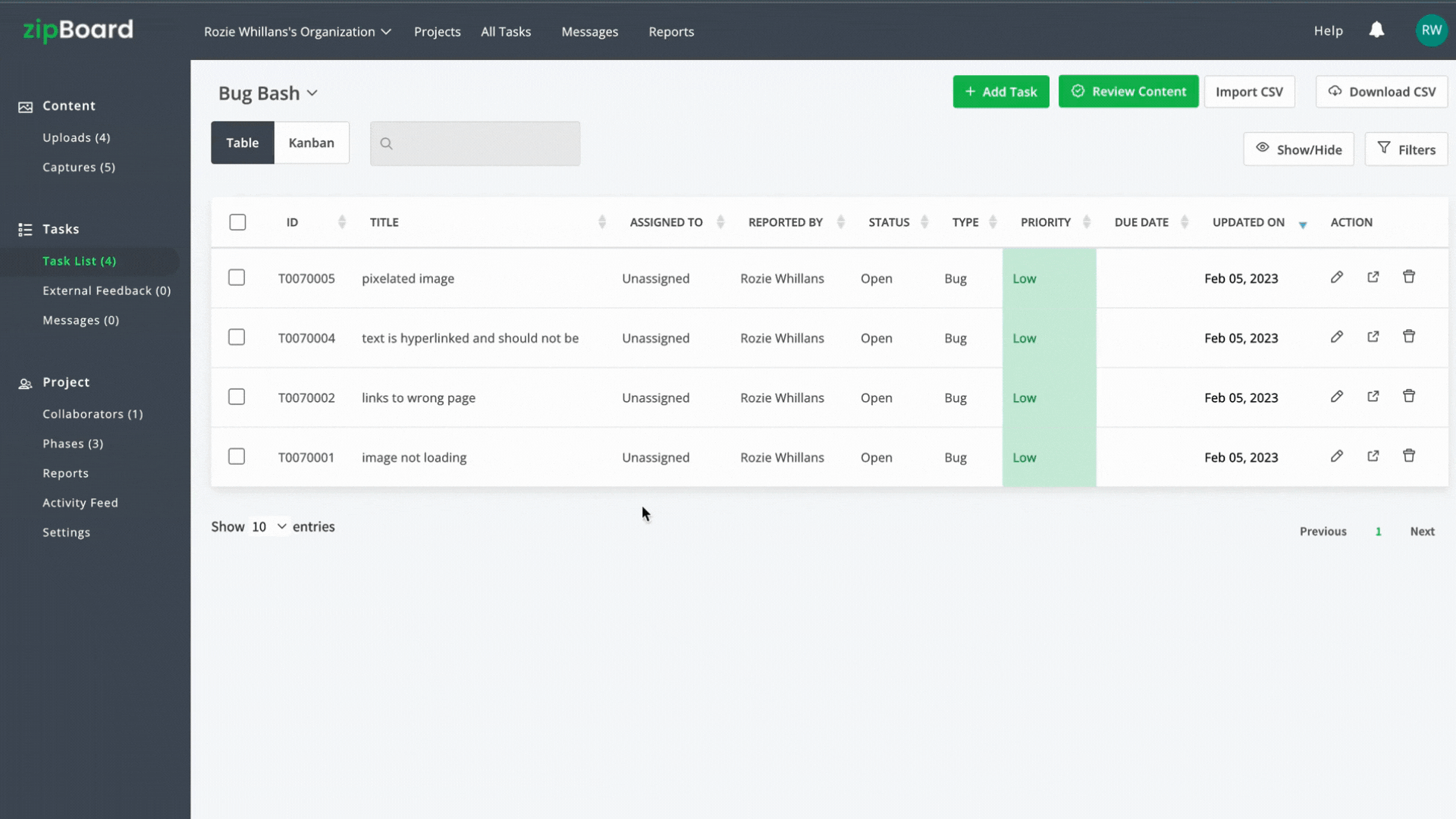 Reviewing and assigning bug bash tasks