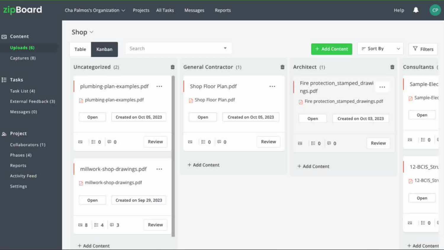Phases dashboard for a shop drawing review process in zipBoard - a centralized document review hub