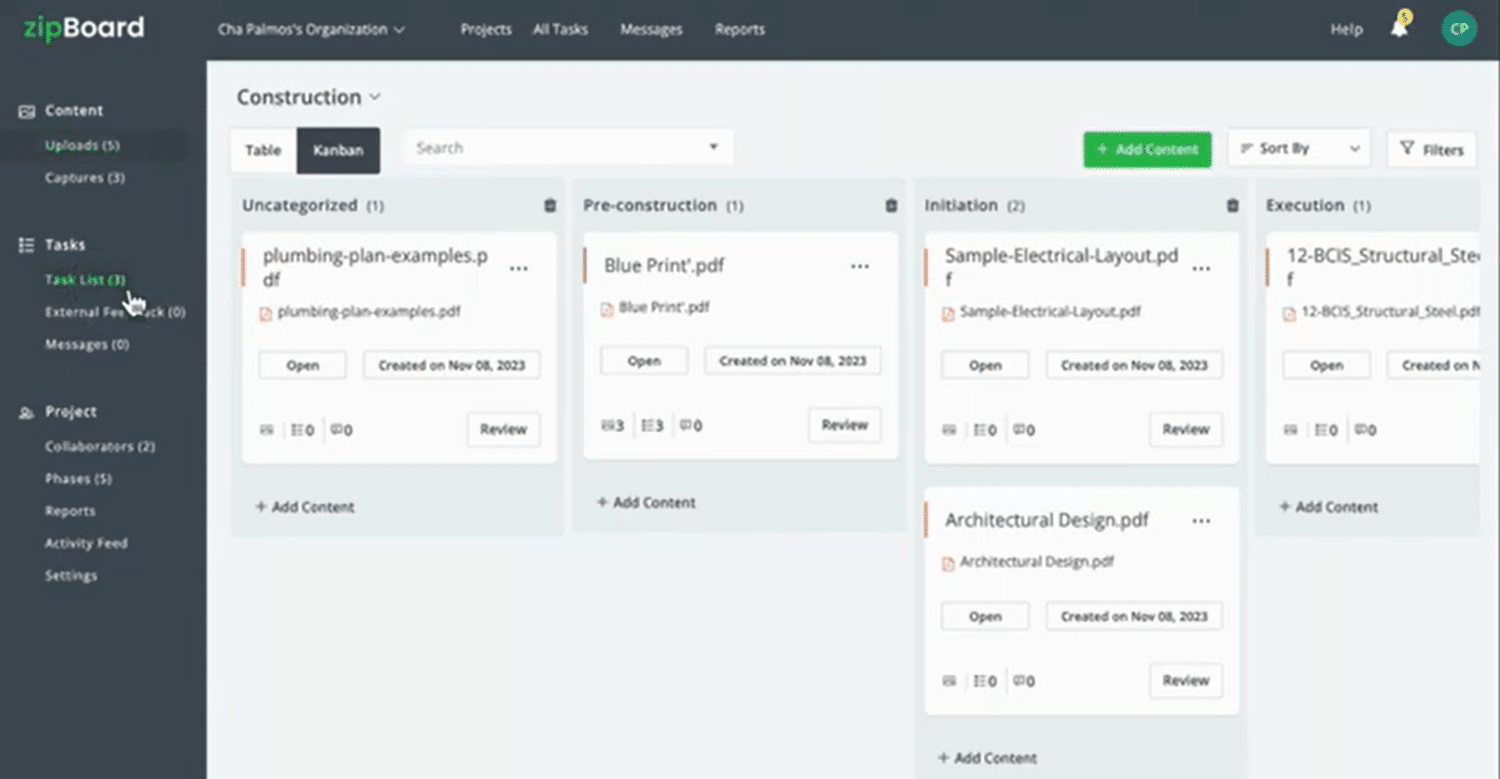 construction administration - phases in zipBoard to organize your workflow