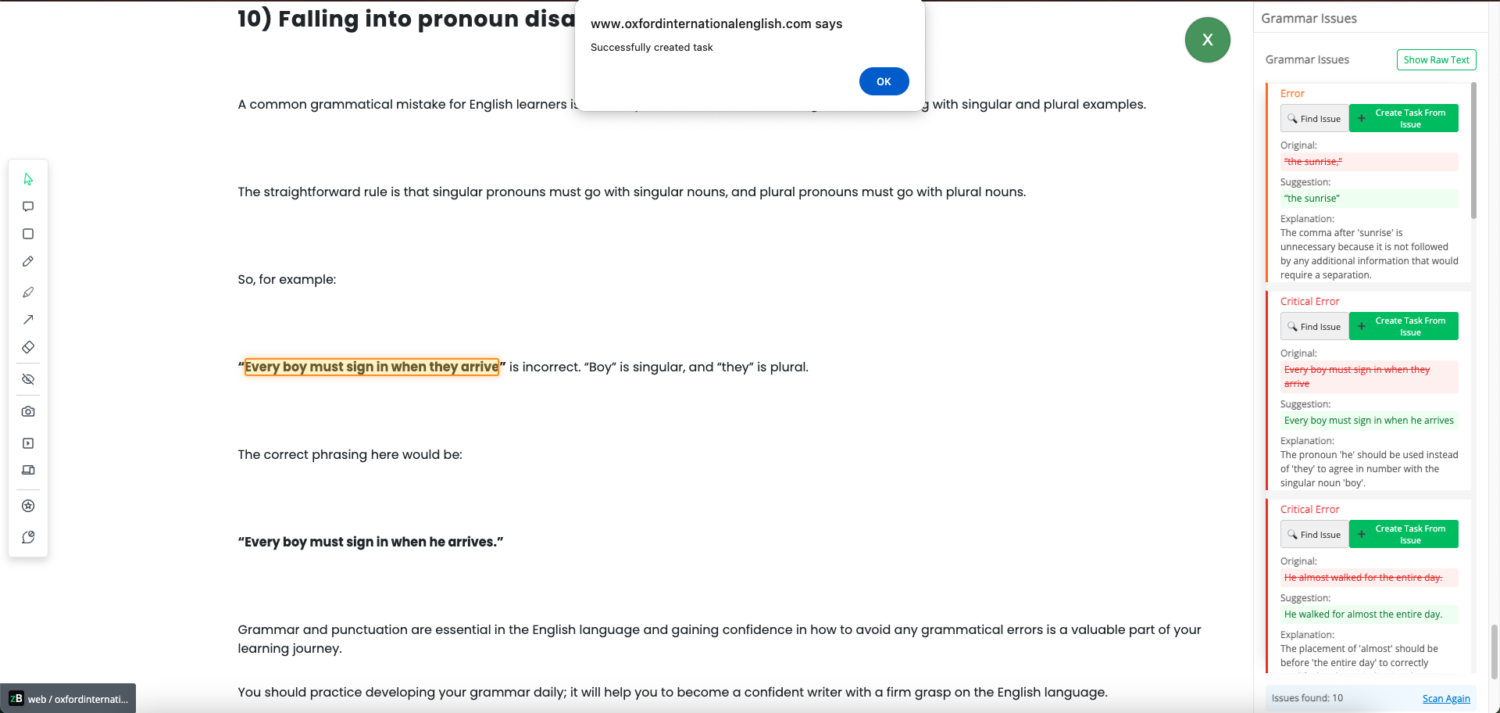 zipBoard AI Review Assistant preview highlighting grammar, spelling, and punctuation errors directly on digital assets, with suggestions, explanations, and one-click task creation for faster content fixes.