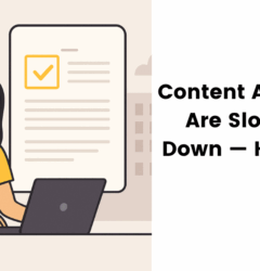A flat-style digital illustration depicting a woman managing a streamlined content approval workflow on a digital dashboard, representing organization, clarity, and efficiency.