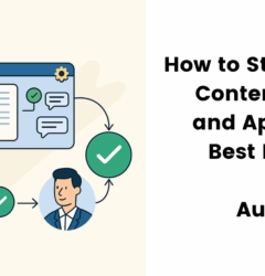 "Visual flowchart illustrating the streamlined content review and approval process, showcasing key steps such as feedback collection, task management, real-time collaboration, and final approval, designed in a clean, flat-style layout.