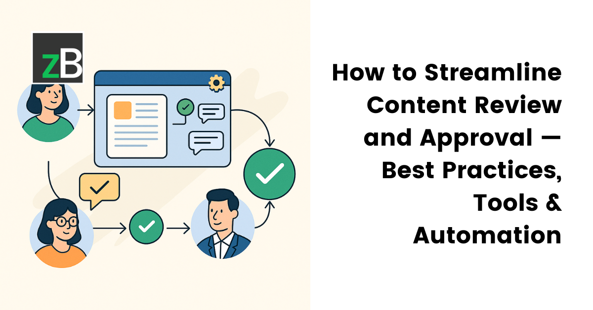 "Visual flowchart illustrating the streamlined content review and approval process, showcasing key steps such as feedback collection, task management, real-time collaboration, and final approval, designed in a clean, flat-style layout.
