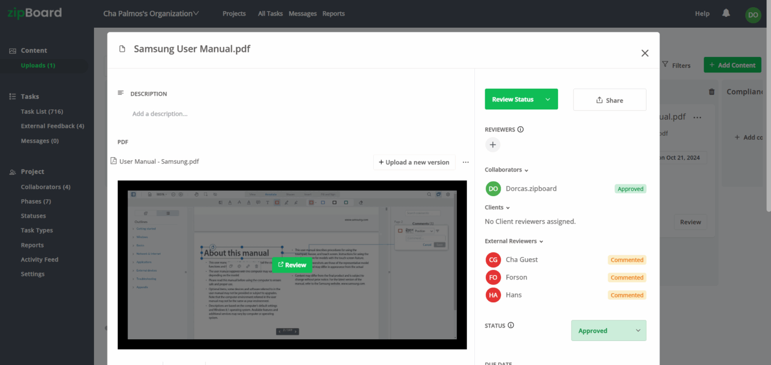 zipBoard interface displaying a PDF file review with version history, reviewer status, and audit trail showing comments and approvals by collaborators and external reviewers.