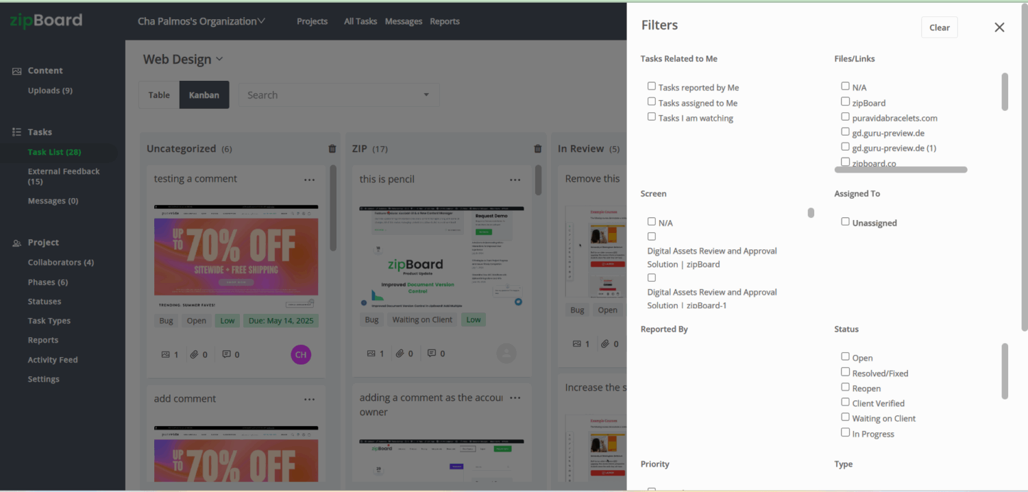 zipBoard project dashboard showing a Kanban board view with categorized content tasks, and filter options for phase, file type, status, assignee, author, approver, and version.