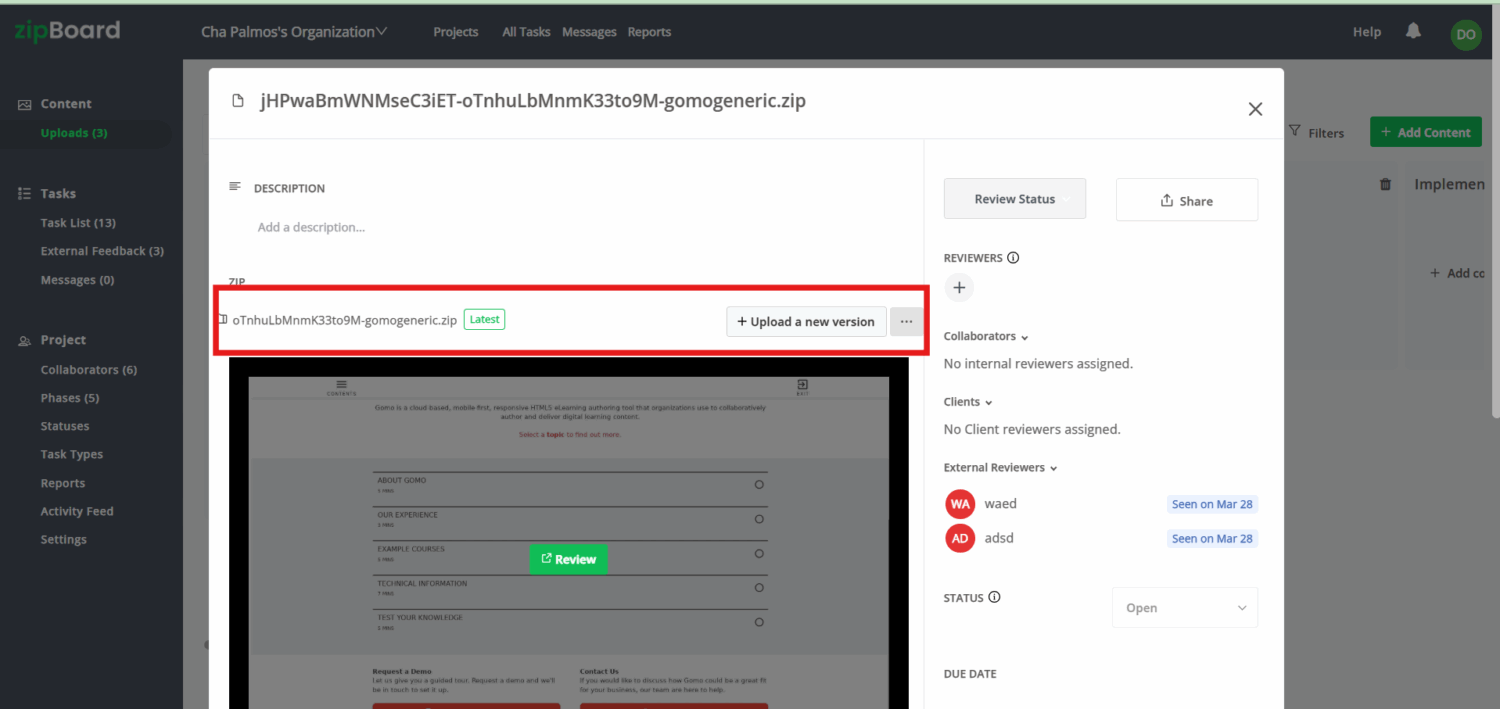 zipBoard's content manager modal, showing numerous features to manage content uploads, like adding multiple versions to files in to keep an audit trail of each content or document