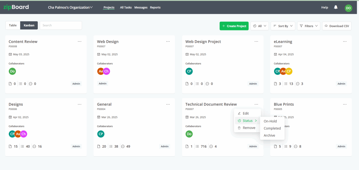 A screenshot of zipBoard's Projects dashboard, showing how to Archive completed projects