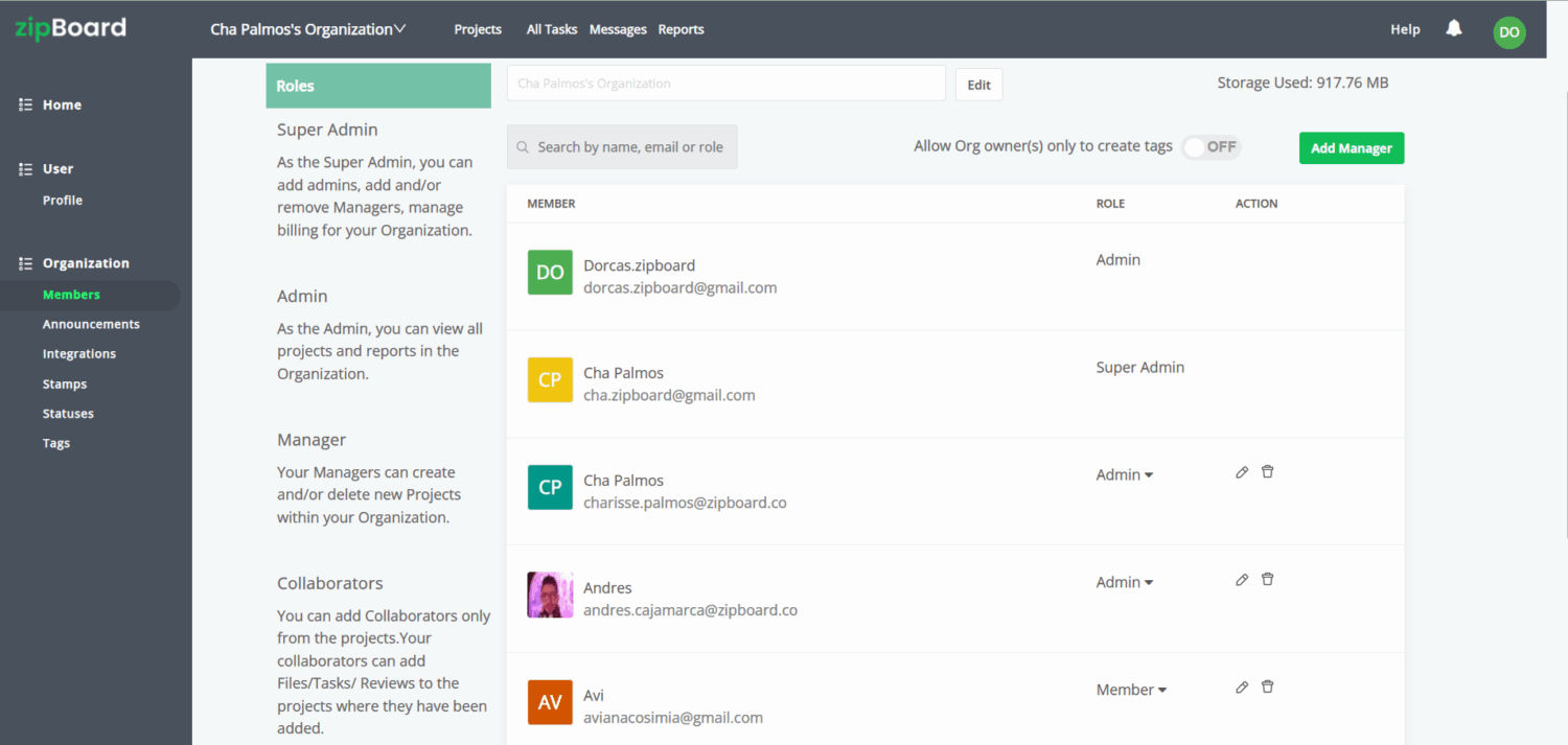 Add managers and manage various user roles in zipBoard