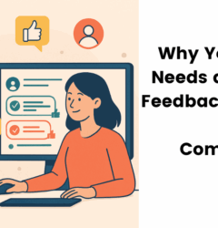"Illustration of a woman using a content feedback system on her computer, surrounded by visual indicators like checkmarks, thumbs-up icons, comment bubbles, and document symbols, representing organized collaborative feedback beyond traditional document comments.