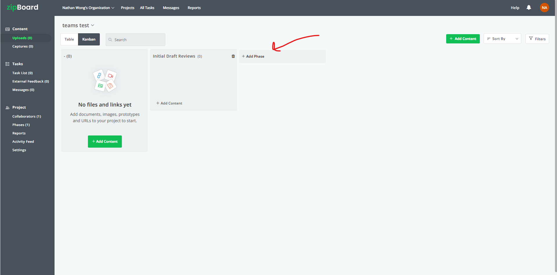 Image of zipBoard's content uploads dashboard showing how to add project phases
