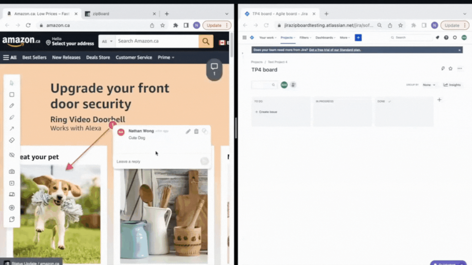 Split screen of zipBoard and Jira - showing how zipBoard's two-way integration with Jira enables users to sync tasks across both platforms