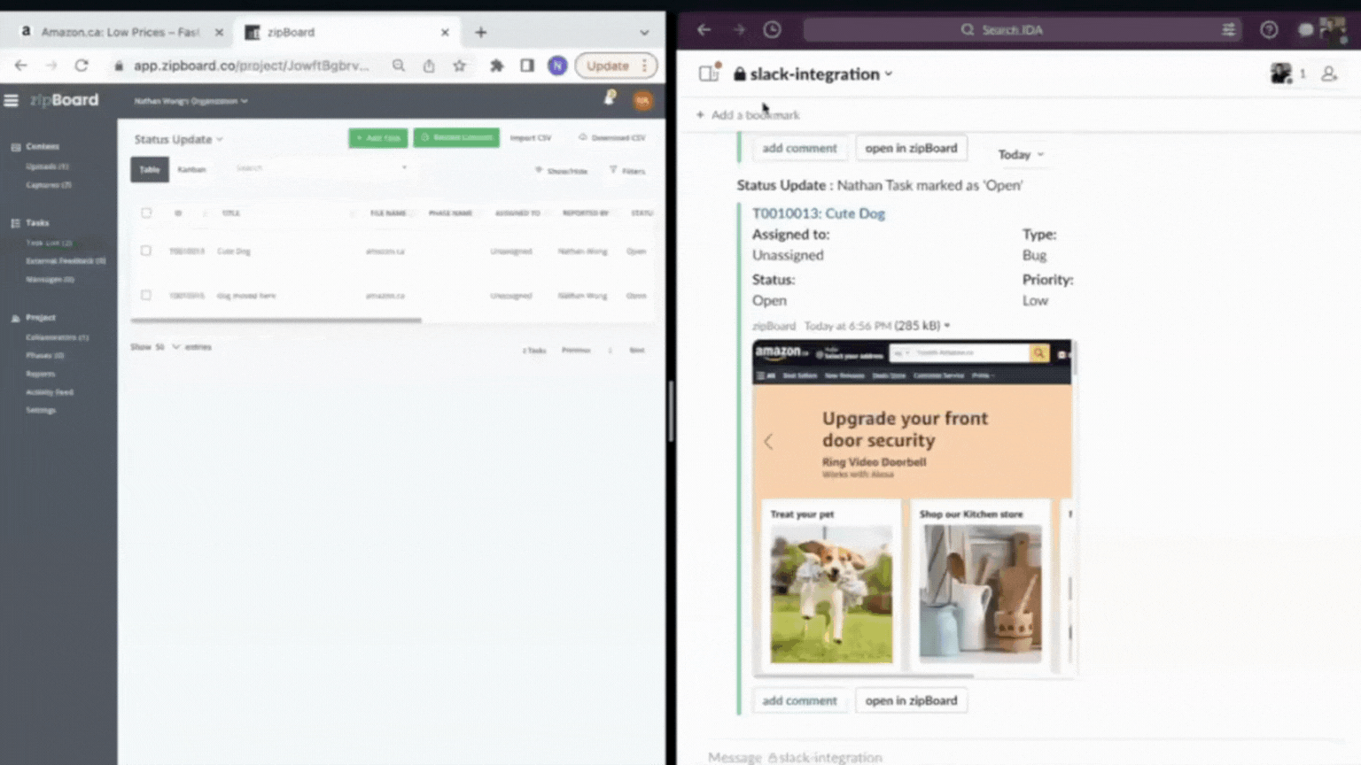 Split screen of zipBoard and Slack - showing how Slack users receive notifications on zipBoard projects and tasks