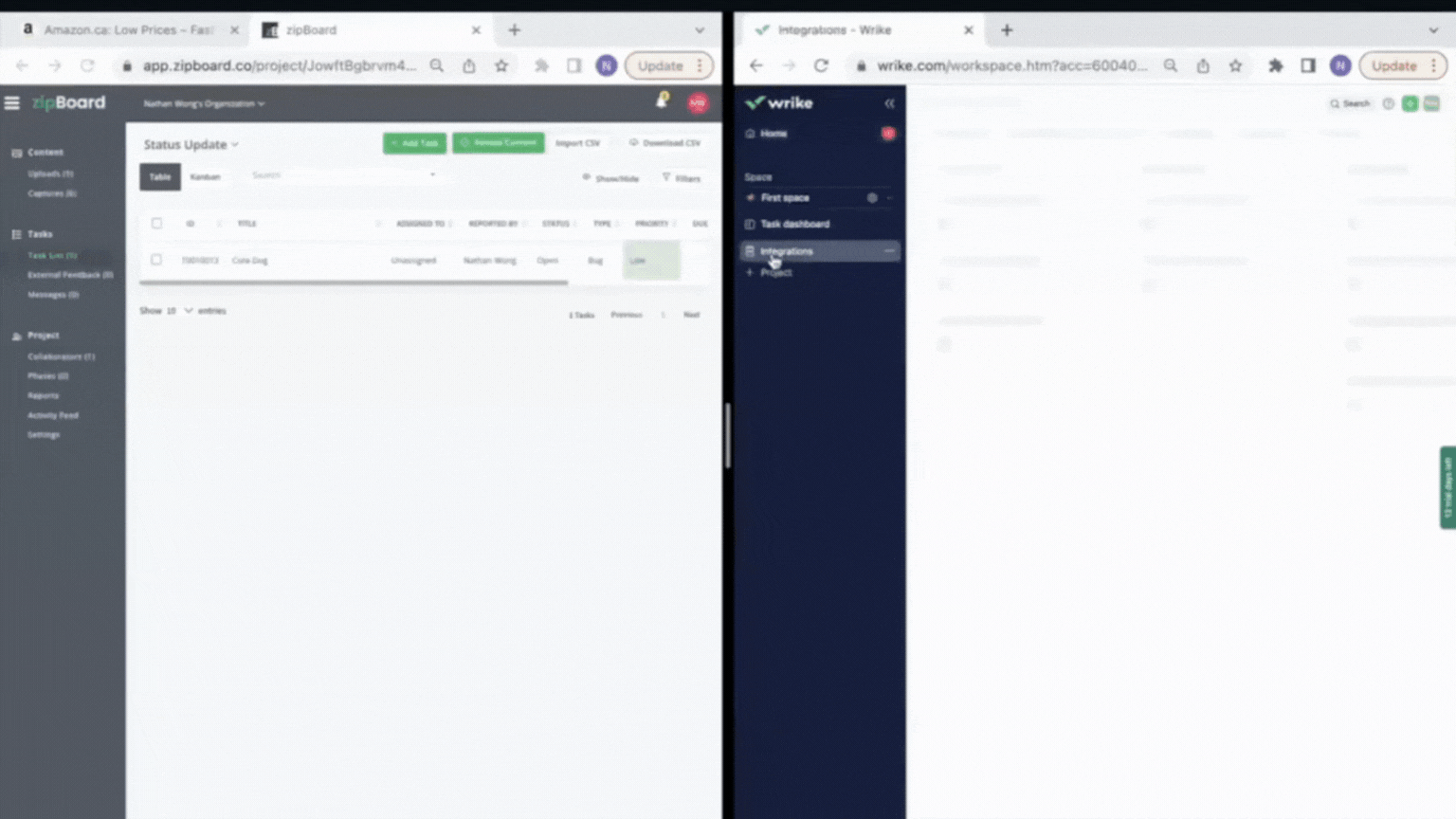 A split screen showing how zipBoard's two-way integration with Wrike allow Wrike users to sync tasks between zipBoard and Wrike for efficient task management