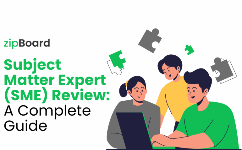 An illustrative graphic featuring the zipBoard logo alongside the bold text: "Subject Matter Expert (SME) Review: A Complete Guide." On the right, three professionals are depicted working collaboratively around a laptop, with floating jigsaw puzzle pieces symbolizing problem-solving and fitting project components together.