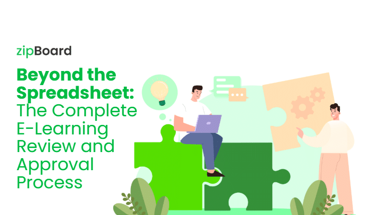 Beyond the Spreadsheet: The Complete E-Learning Review and Approval Process" with illustrations of collaborators assembling puzzle pieces.