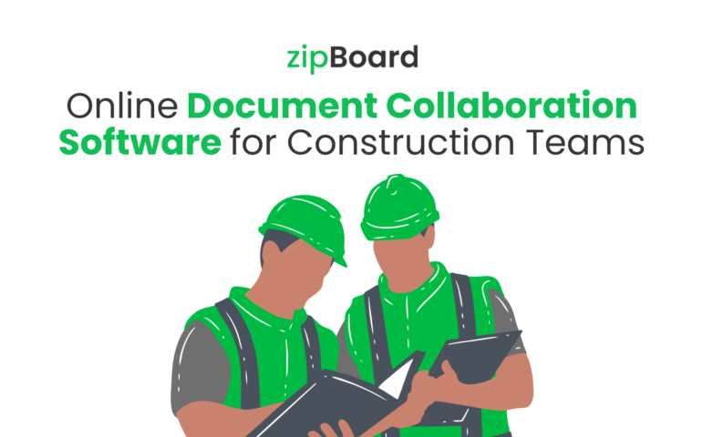 A promotional graphic for zipBoard featuring the headline 'Online Document Collaboration Software for Construction Teams' in dark grey and green text. Below the text is a flat, minimalist illustration of two construction workers wearing bright green hard hats and safety vests over grey shirts, looking down together at a document binder on a clean, solid white background.