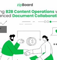 A promotional graphic from zipBoard featuring the title 'Scaling B2B Content Operations with Advanced Document Collaboration' in a clean sans-serif font, with the words 'B2B Content Operations' and 'Document Collaboration' highlighted in bright green. Below the text is a minimalist black-and-white line illustration with vibrant green accents. It depicts two professionals—a man with a beard and a woman holding a green folder—shaking hands. Surrounding them are abstract business and workflow symbols, including gears, an upward-trending arrow chart, a stack of dollar-sign coins, and a green heart icon inside a speech bubble.