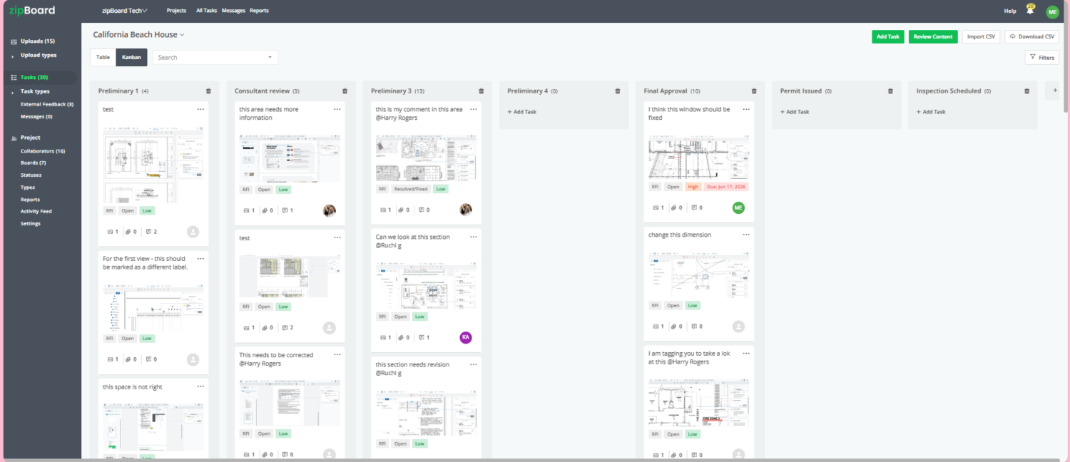 A screenshot of a project management dashboard named zipBoard displaying a Kanban board for a project titled "California Beach House." The board is organized into columns such as Preliminary 1, Consultant review, Preliminary 3, Preliminary 4, Final Approval, Permit Issued, and Inspection Scheduled. Individual task cards contain text, image attachments of architectural blueprints, priority labels, and user profile icons. A left-hand navigation sidebar and top action buttons like "Add Task" and "Review Content" are also visible.