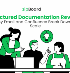 zipBoard blog graphic featuring the title "Structured Documentation Review: Why Email and Confluence Break Down at Scale" above an illustration of a collaborative team reviewing document workflows at a desk.