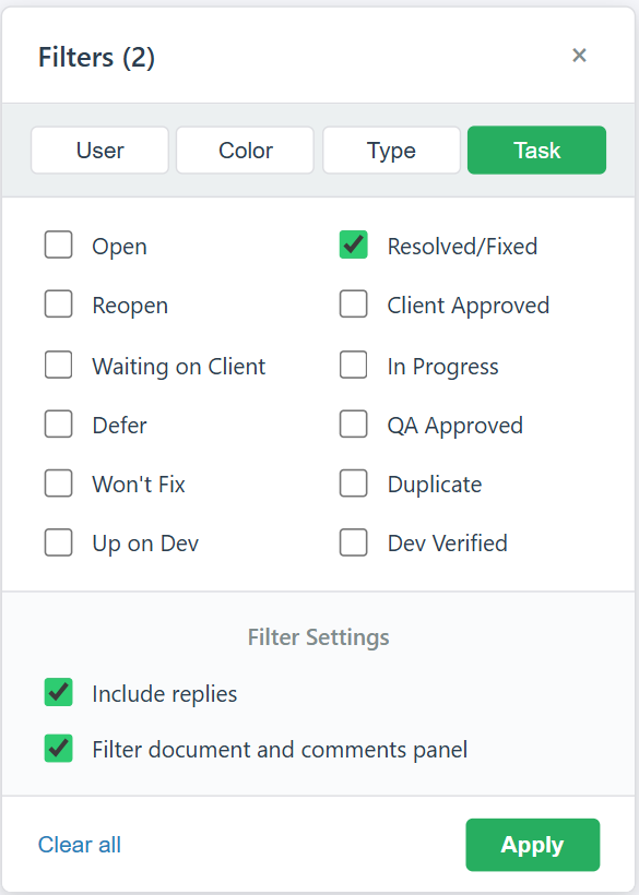 zipBoard Task Status Filter in Review View