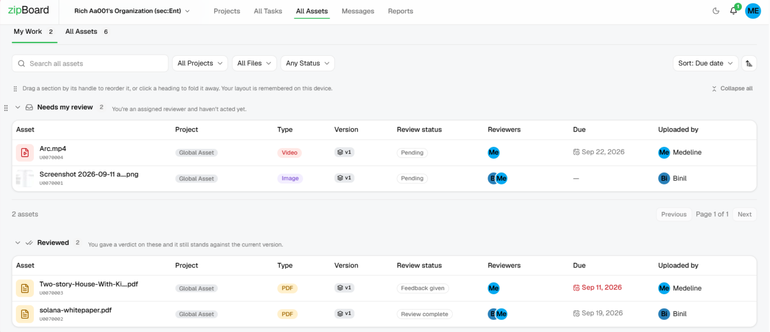 My Work dashboard filtered by individual sections, showing pending review items and completed reviews categorized with detailed status, file types, and due dates.