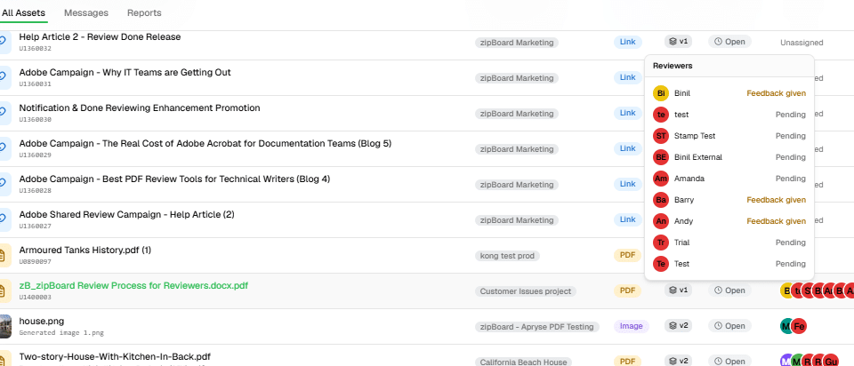 Track content reviews and pending approvals across projects with all assets tab