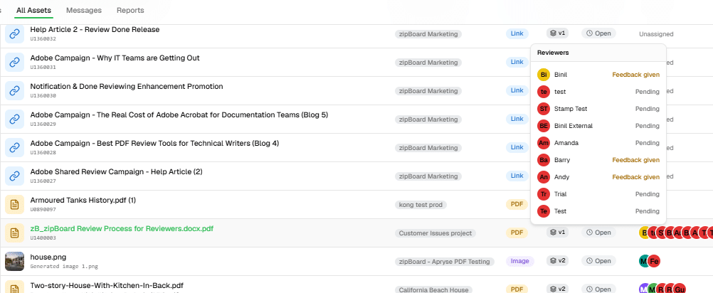 Track content reviews and pending approvals across projects with all assets tab