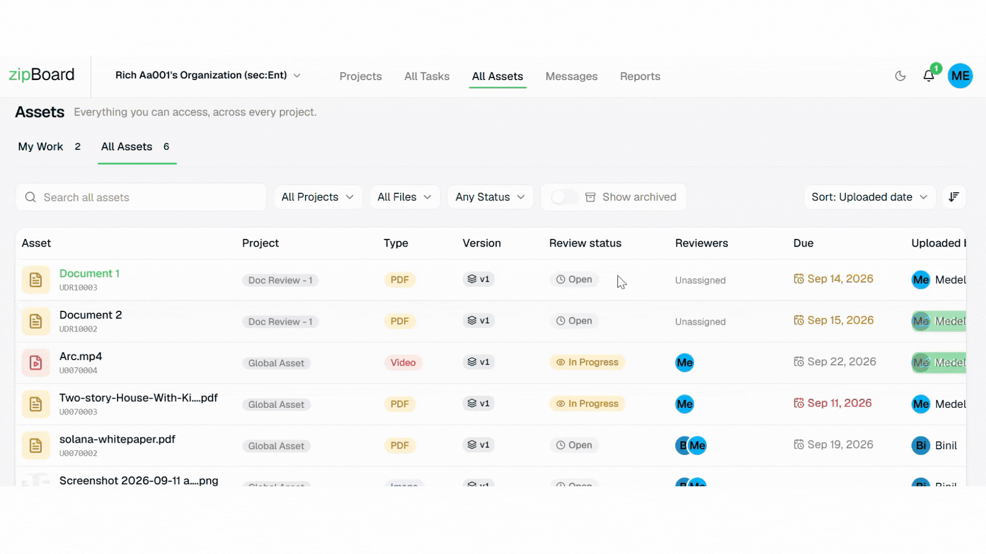 f zipBoard's filtering and sorting toolbar, featuring dropdowns for project selection, file type, review status, and due date sorting options.