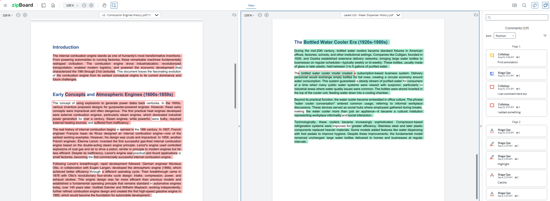 Two versions of a PDF compared side by side in zipBoard