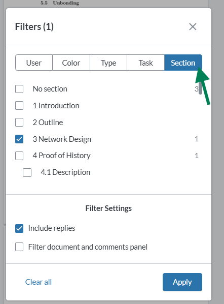 Filter comments and feedback in the specific section that you want to focus on. See comment counts at a glance across chapters and subsections.