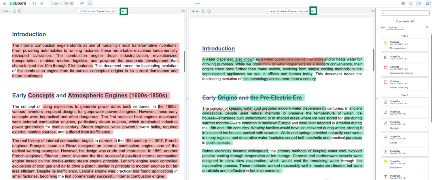 zipBoard automatically detect and highlight text changes between PDF versions side-by-side to review document updates in seconds.