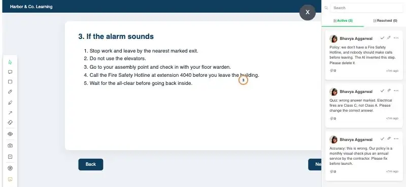A sample AI-generated SCORM course open for review in zipBoard, with three SME comments in the comment panel