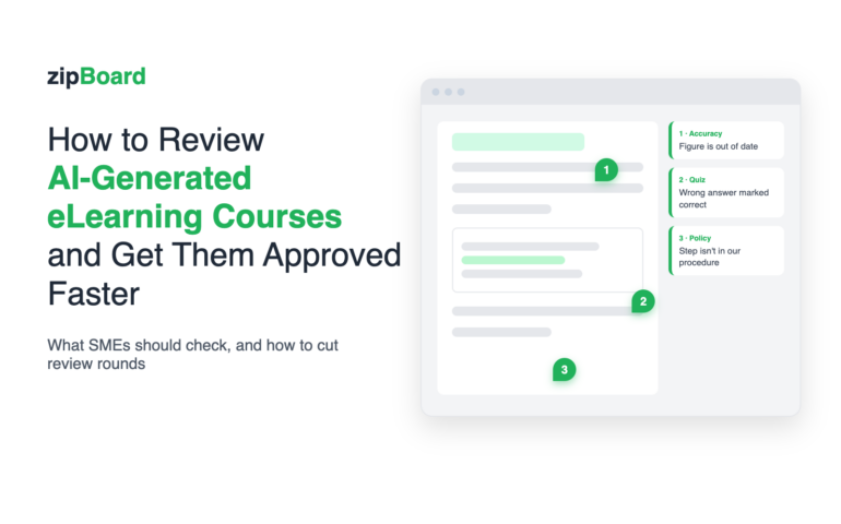 How to review AI-generated eLearning courses and get them approved faster: a course screen with three pinned SME comments
