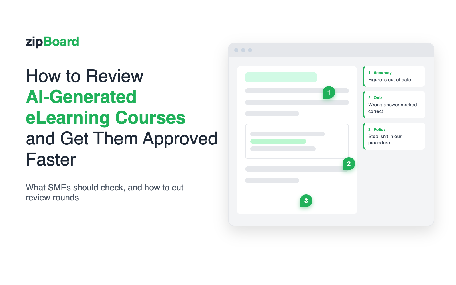 How to review AI-generated eLearning courses and get them approved faster: a course screen with three pinned SME comments