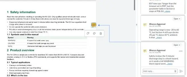 An SME safety comment pinned to the Safety information section of a technical manual in zipBoard