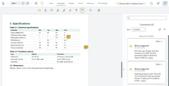 A technical manual open for SME review in zipBoard, with comments pinned to the specifications table and the comment list on the right